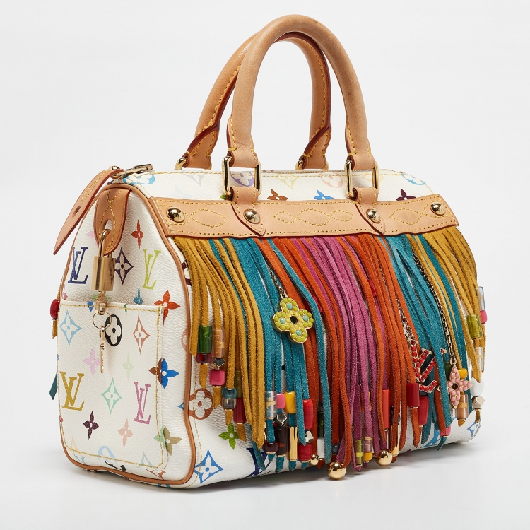 Pre Owned Louis Vuitton White Monogram Multicolore Canvas Limited Edition Fringe Speedy 25 Bag