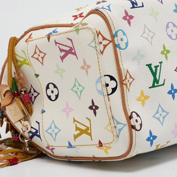 Pre Owned Louis Vuitton White Monogram Multicolore Canvas Limited Edition Fringe Speedy 25 Bag