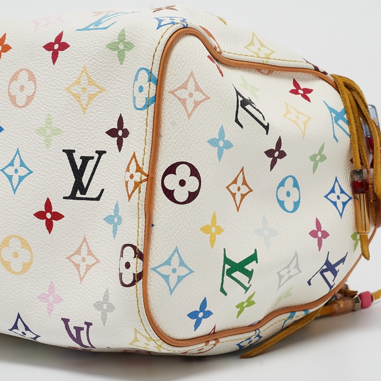 Pre Owned Louis Vuitton White Monogram Multicolore Canvas Limited Edition Fringe Speedy 25 Bag