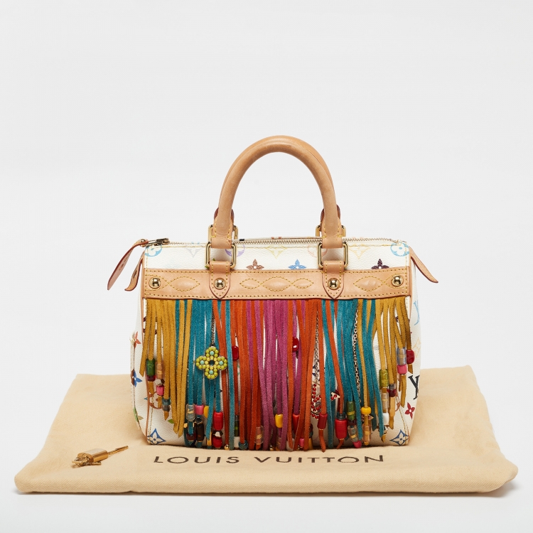 Pre Owned Louis Vuitton White Monogram Multicolore Canvas Limited Edition Fringe Speedy 25 Bag