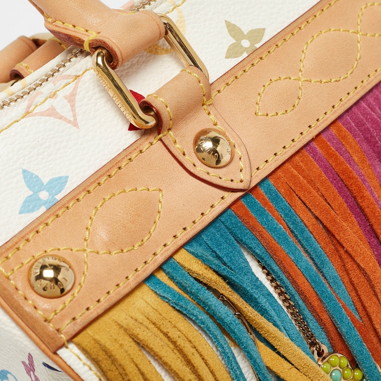 Pre Owned Louis Vuitton White Monogram Multicolore Canvas Limited Edition Fringe Speedy 25 Bag