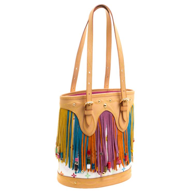 Pre Owned Louis Vuitton White Multicolor Monogram Canvas Limited Edition Fringe Bucket Bag
