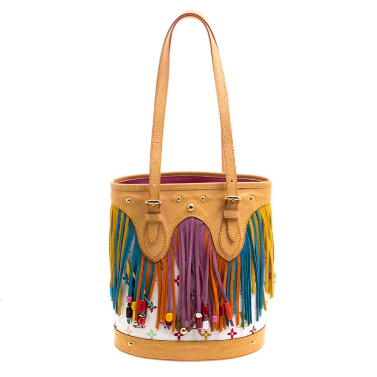 Pre Owned Louis Vuitton White Multicolor Monogram Canvas Limited Edition Fringe Bucket Bag