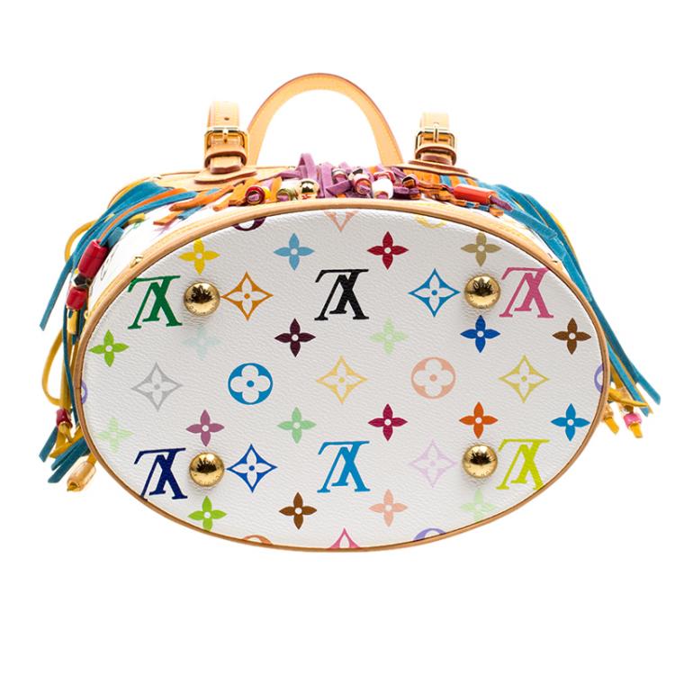 Pre Owned Louis Vuitton White Multicolor Monogram Canvas Limited Edition Fringe Bucket Bag
