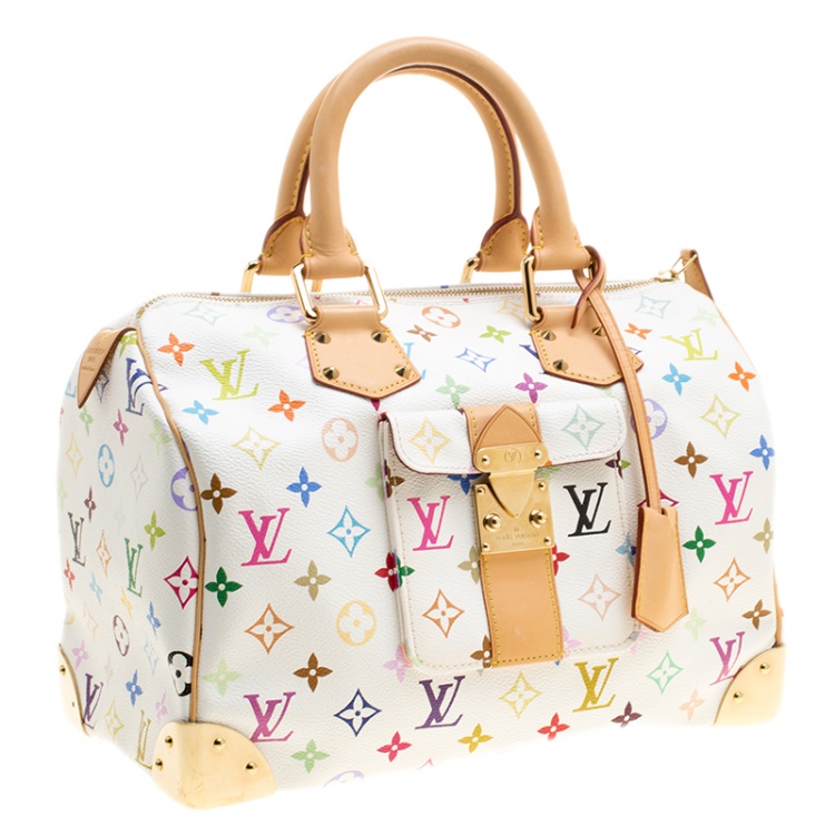 Pre Owned Louis Vuitton White Multicolor Monogram Canvas Speedy 30