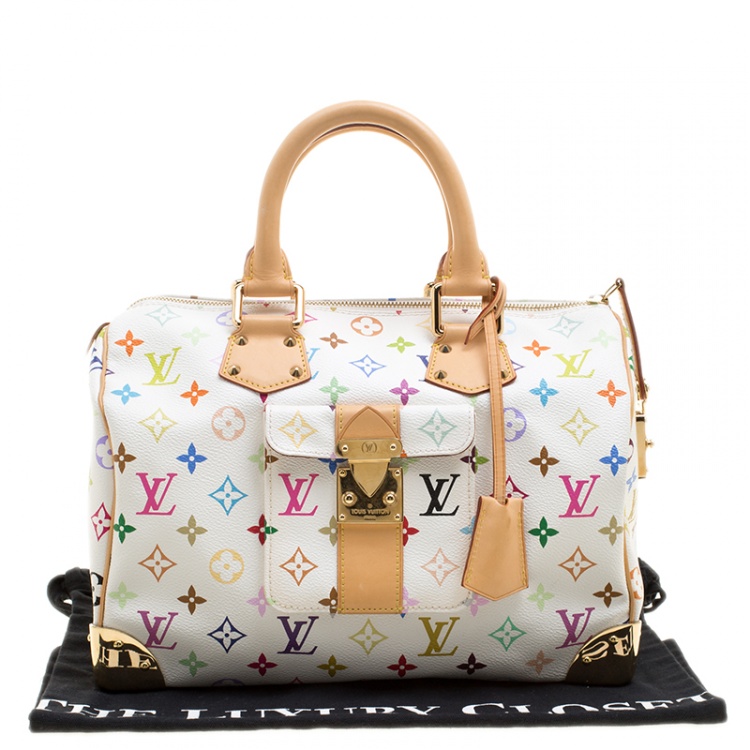 Pre Owned Louis Vuitton White Multicolor Monogram Canvas Speedy 30