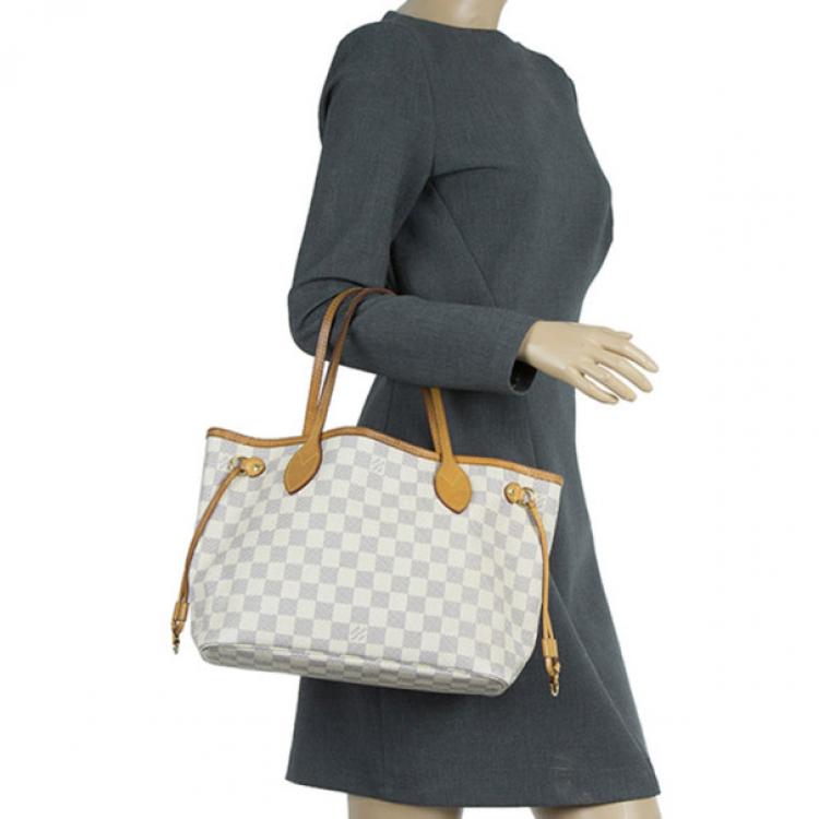 Louis Vuitton Neverfull PM Damier Azur Small Tote Shoulder Bag White Beige Purse