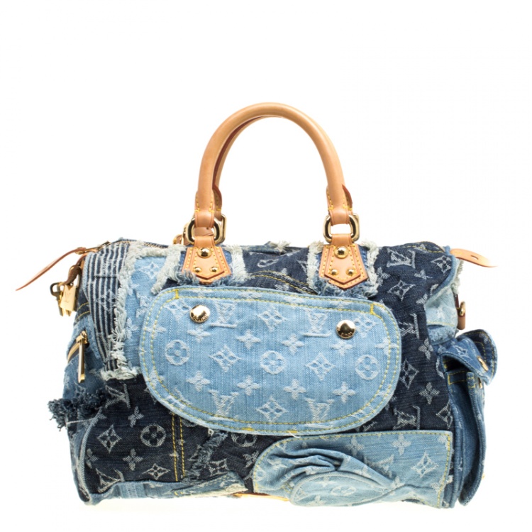 Pre Owned Louis Vuitton Blue Monogram Denim Limited Edition Patchwork Speedy Bag with Charm