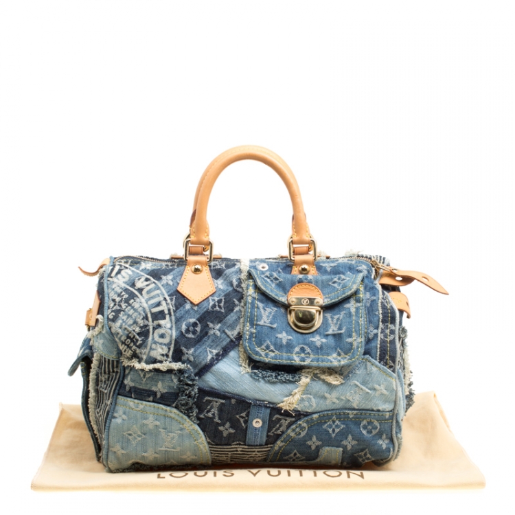 Pre Owned Louis Vuitton Blue Monogram Denim Limited Edition Patchwork Speedy Bag
