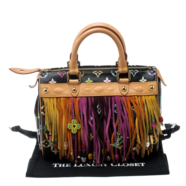 Pre Owned Louis Vuitton Black Multicolor Monogram Canvas and Leather Limited Edition Fringe Speedy 25