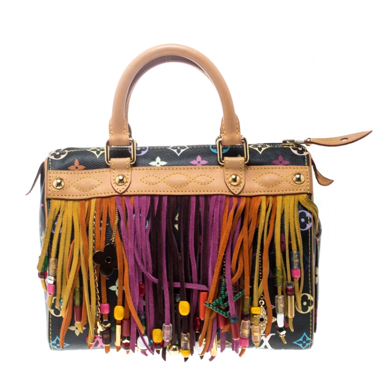 Pre Owned Louis Vuitton Black Multicolor Monogram Canvas and Leather Limited Edition Fringe Speedy 25