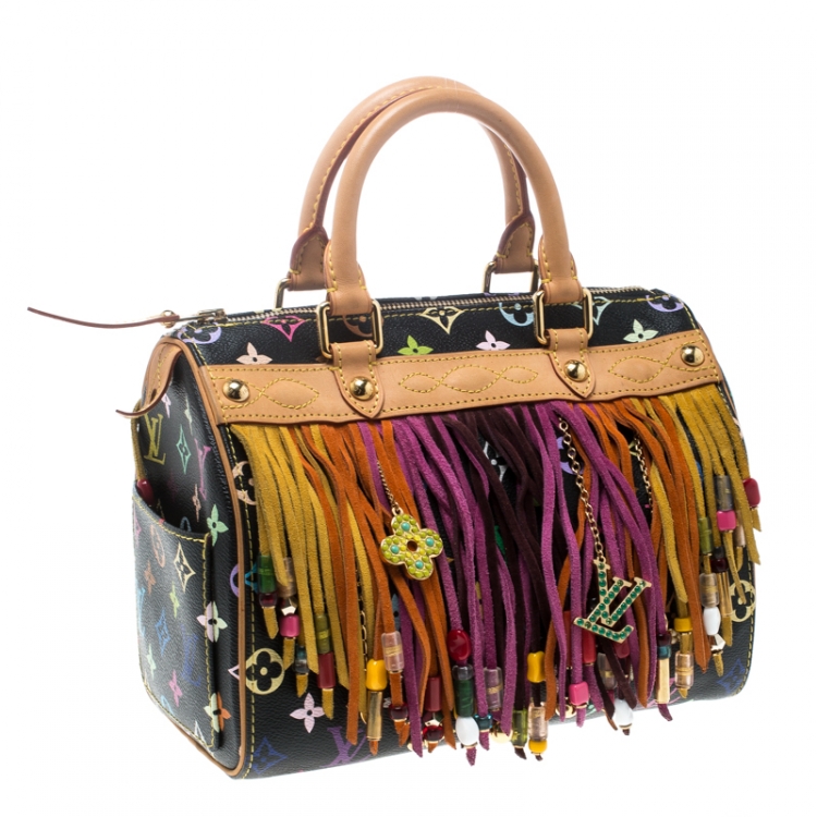 Pre Owned Louis Vuitton Black Multicolor Monogram Canvas and Leather Limited Edition Fringe Speedy 25