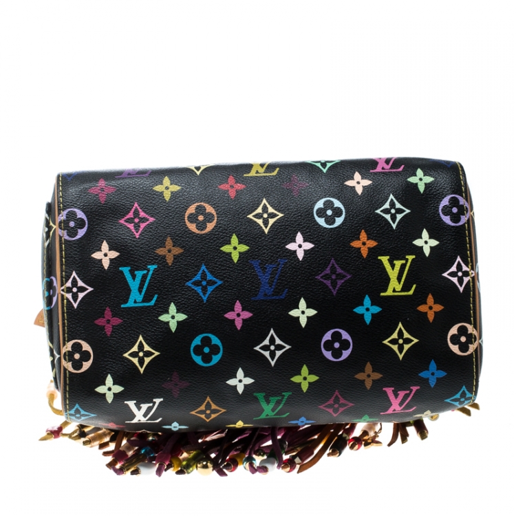 Pre Owned Louis Vuitton Black Multicolor Monogram Canvas and Leather Limited Edition Fringe Speedy 25