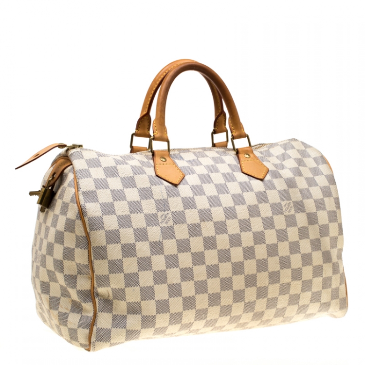 Pre Owned Louis Vuitton Off White Coated Canvas Damier Azur Speedy 35 