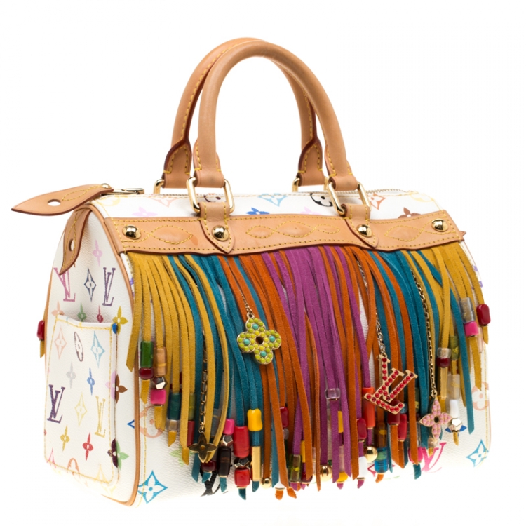 Pre Owned Louis Vuitton White Monogram Multicolore Limited Edition Fringe Speedy 25