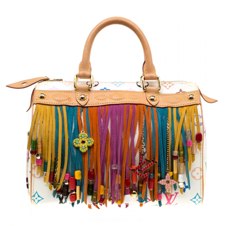 Pre Owned Louis Vuitton White Monogram Multicolore Limited Edition Fringe Speedy 25