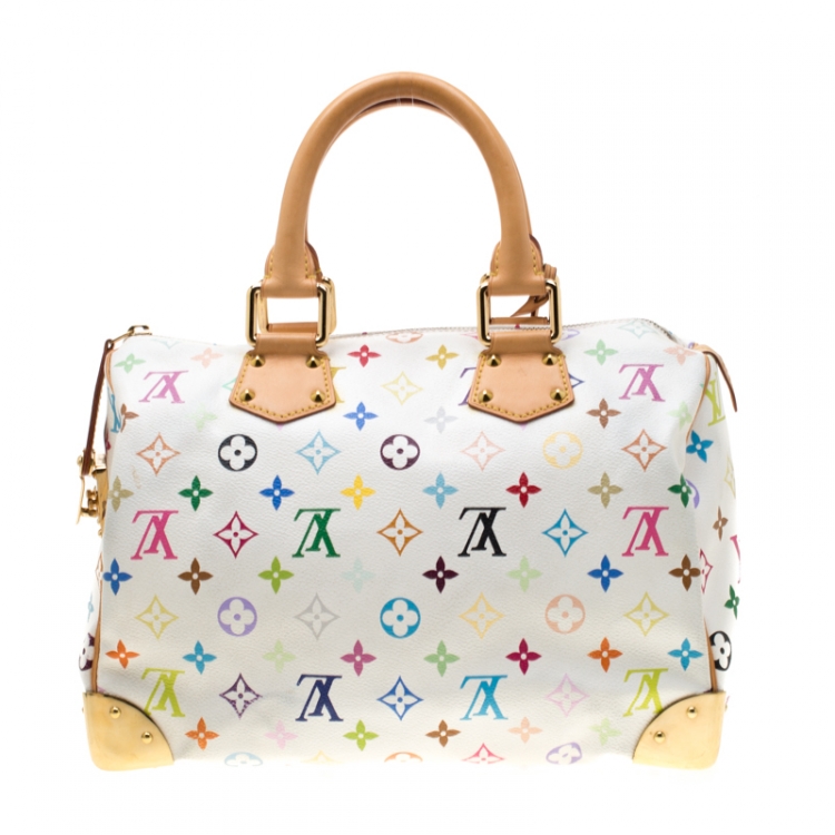 Pre Owned Louis Vuitton White Multicolor Monogram Canvas Speedy 30