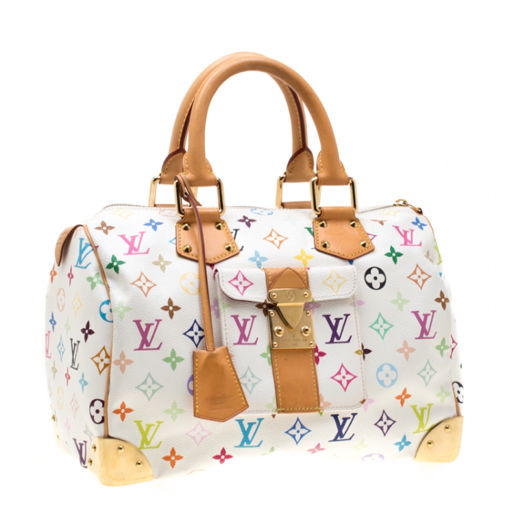 Pre Owned Louis Vuitton White Multicolor Monogram Canvas Speedy 30