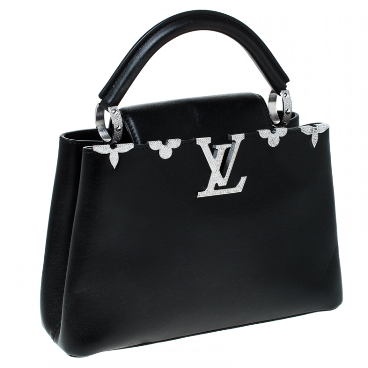 Pre Owned Louis Vuitton Black Leather Crystal Flowers Capucines BB Bag         