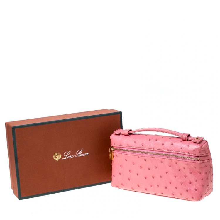 Pre Owned Loro Piana Pink Ostrich Leather Mini Pouch