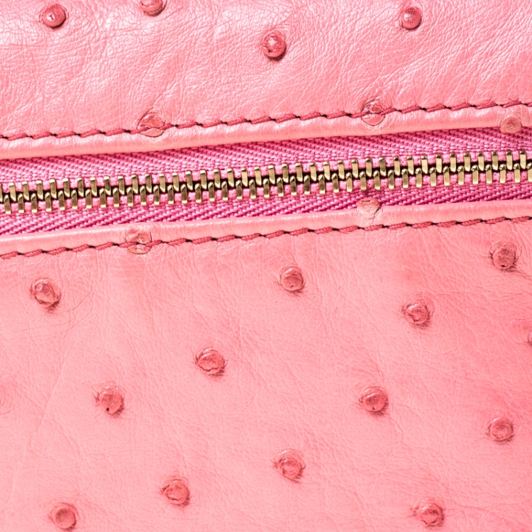 Pre Owned Loro Piana Pink Ostrich Leather Mini Pouch