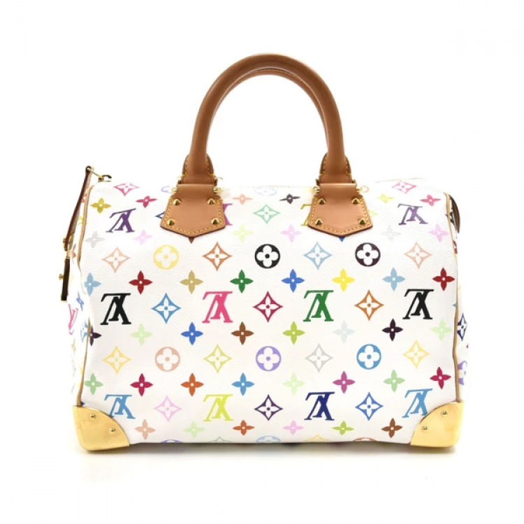 Pre Owned Louis Vuitton White Multicolor Monogram Canvas Speedy 30 Bag