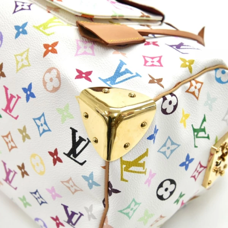 Pre Owned Louis Vuitton White Multicolor Monogram Canvas Speedy 30 Bag