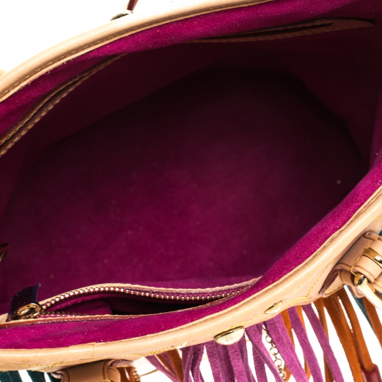 Pre Owned Louis Vuitton White Multicolor Monogram Canvas Limited Edition Fringe Bucket Bag with Pouch