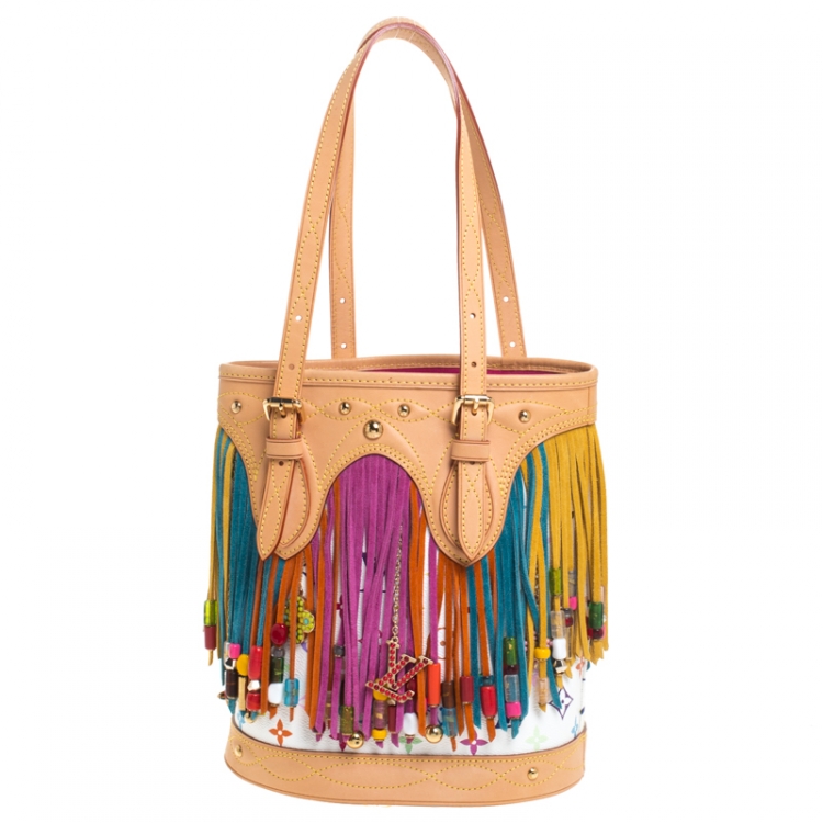 Pre Owned Louis Vuitton White Multicolor Monogram Canvas Limited Edition Fringe Bucket Bag with Pouch