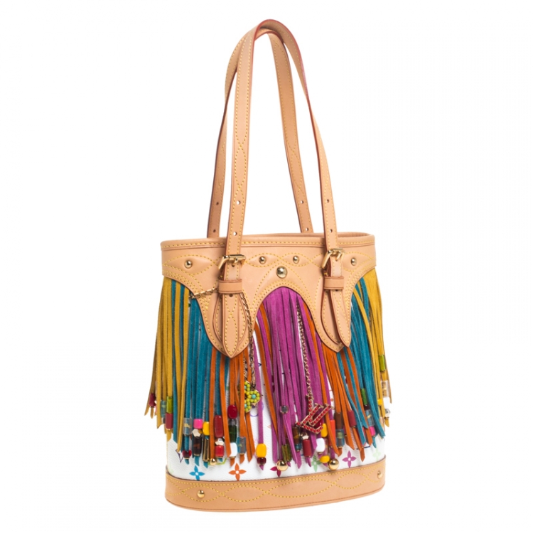 Pre Owned Louis Vuitton White Multicolor Monogram Canvas Limited Edition Fringe Bucket Bag with Pouch