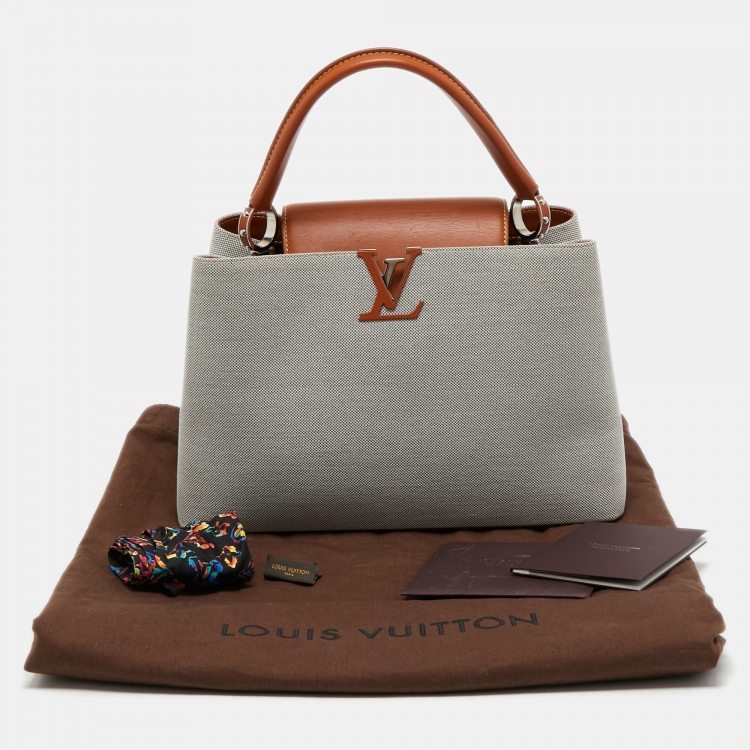 Pre Owned Louis Vuitton Caramel/Grey Leather and Canvas Capucines MM Bag