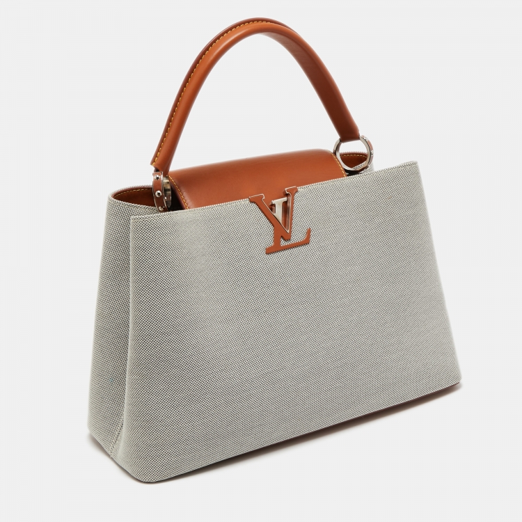 Pre Owned Louis Vuitton Caramel/Grey Leather and Canvas Capucines MM Bag