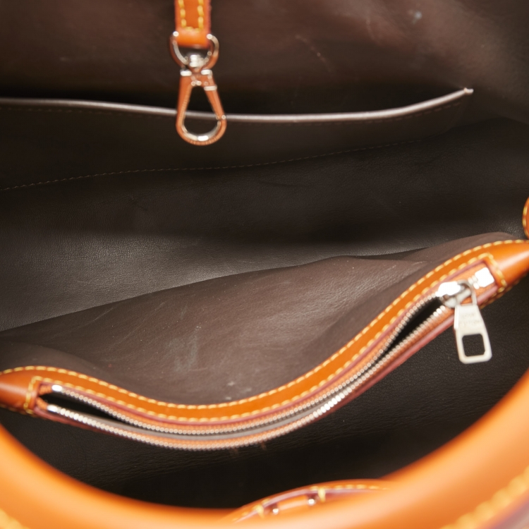 Pre Owned Louis Vuitton Caramel/Grey Leather and Canvas Capucines MM Bag