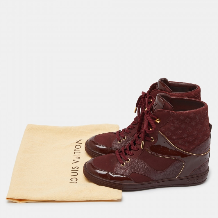 مملوكة مسبقًا Louis Vuitton Burgundy Monogram Suede and Patent Leather Millenium Wedge High Top Sneakers Size 38.5