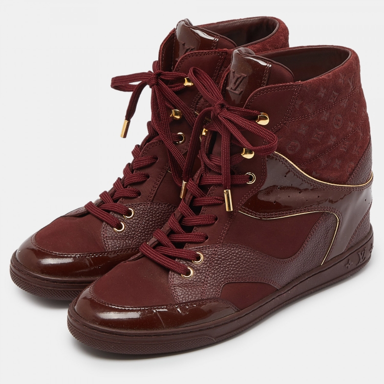 مملوكة مسبقًا Louis Vuitton Burgundy Monogram Suede and Patent Leather Millenium Wedge High Top Sneakers Size 38.5