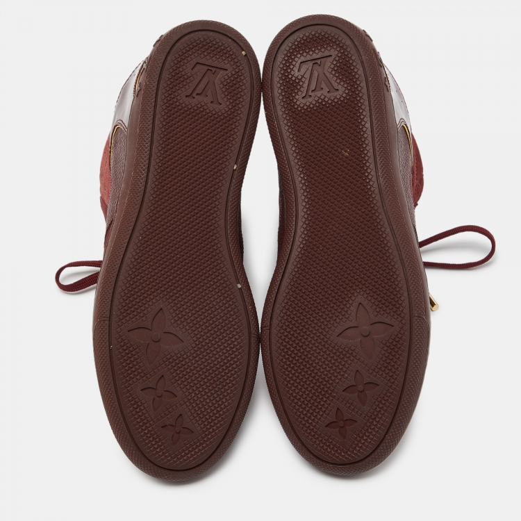 مملوكة مسبقًا Louis Vuitton Burgundy Monogram Suede and Patent Leather Millenium Wedge High Top Sneakers Size 38.5