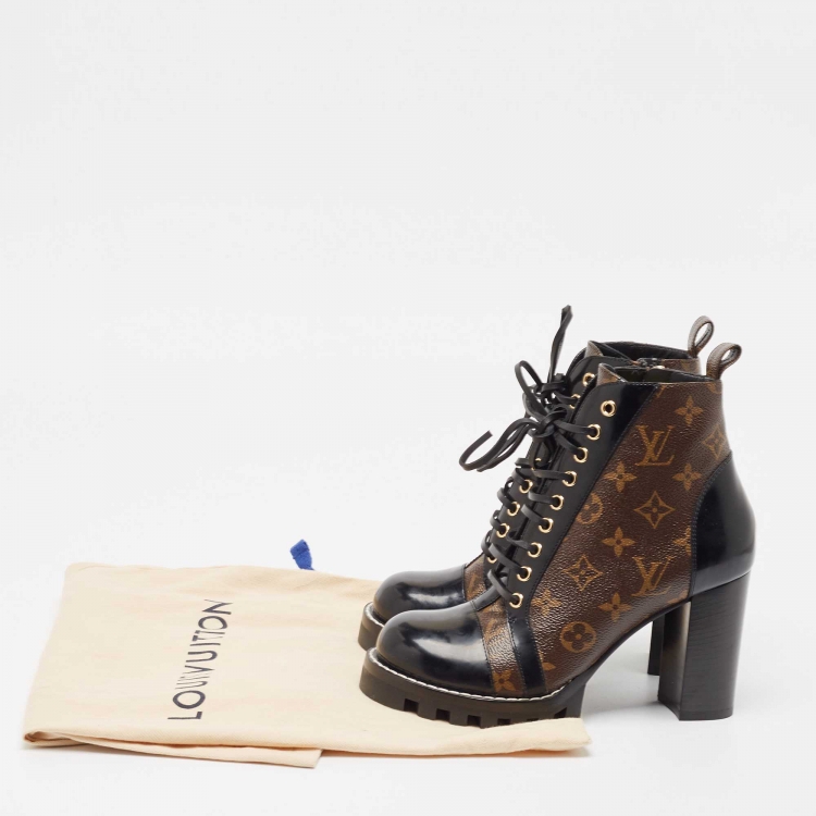 Pre Owned Louis Vuitton Black/Brown Patent And Coated Monogram Canvas Star Trail Ankle Boots Size 39