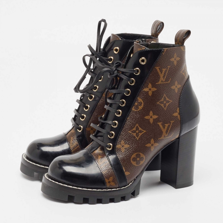 Pre Owned Louis Vuitton Black/Brown Patent And Coated Monogram Canvas Star Trail Ankle Boots Size 39