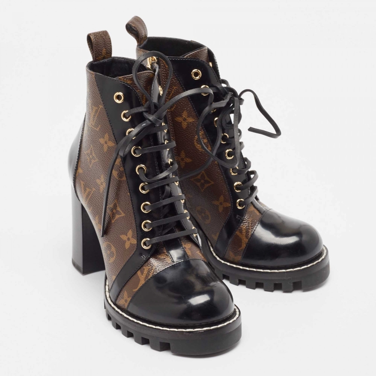 Pre Owned Louis Vuitton Black/Brown Patent And Coated Monogram Canvas Star Trail Ankle Boots Size 39