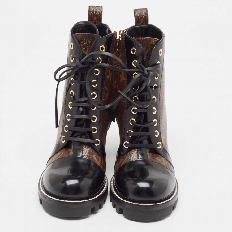 Pre Owned Louis Vuitton Black/Brown Patent And Coated Monogram Canvas Star Trail Ankle Boots Size 39