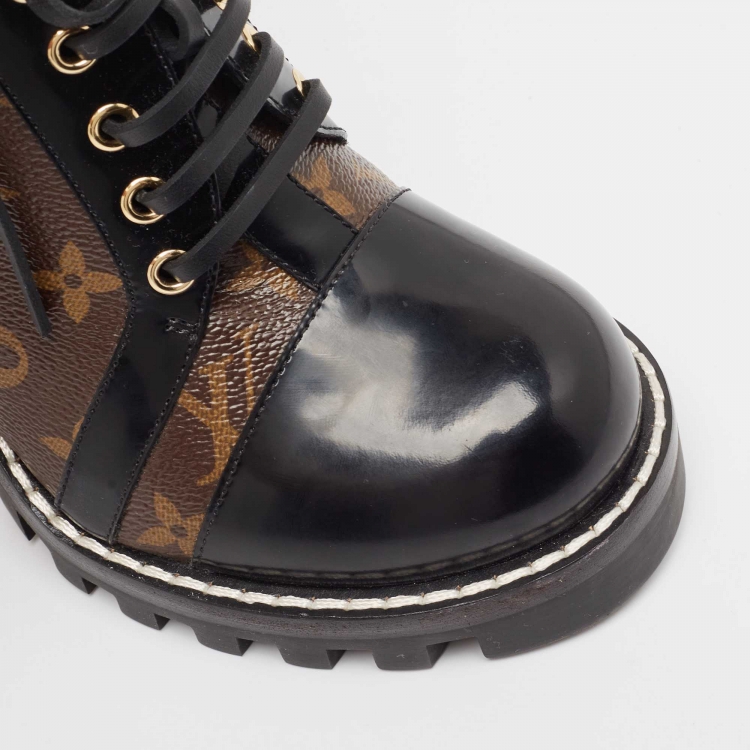 Pre Owned Louis Vuitton Black/Brown Patent And Coated Monogram Canvas Star Trail Ankle Boots Size 39