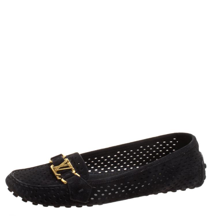 Pre Owned Louis Vuitton Black Perforated Suede Oxford Loafers Size 37.5