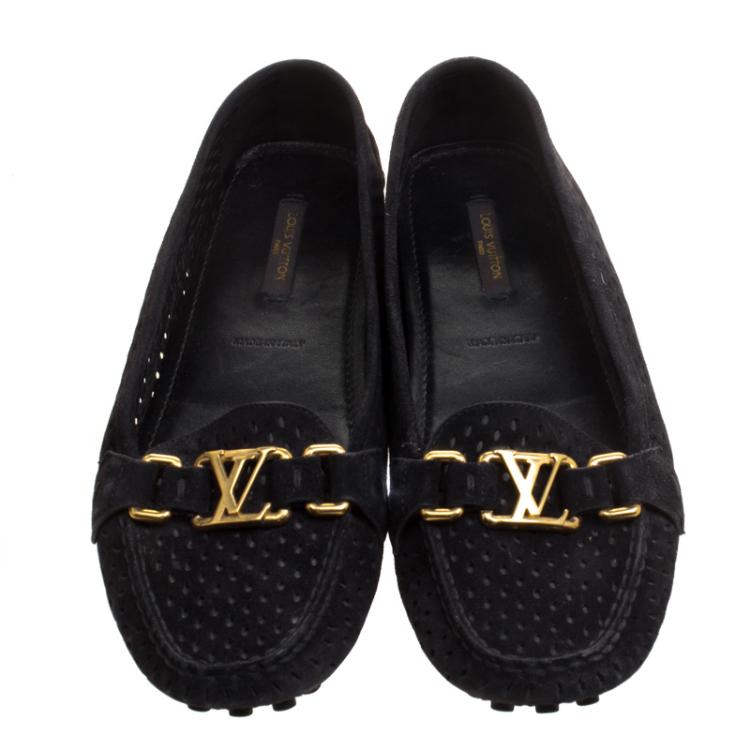 Pre Owned Louis Vuitton Black Perforated Suede Oxford Loafers Size 37.5