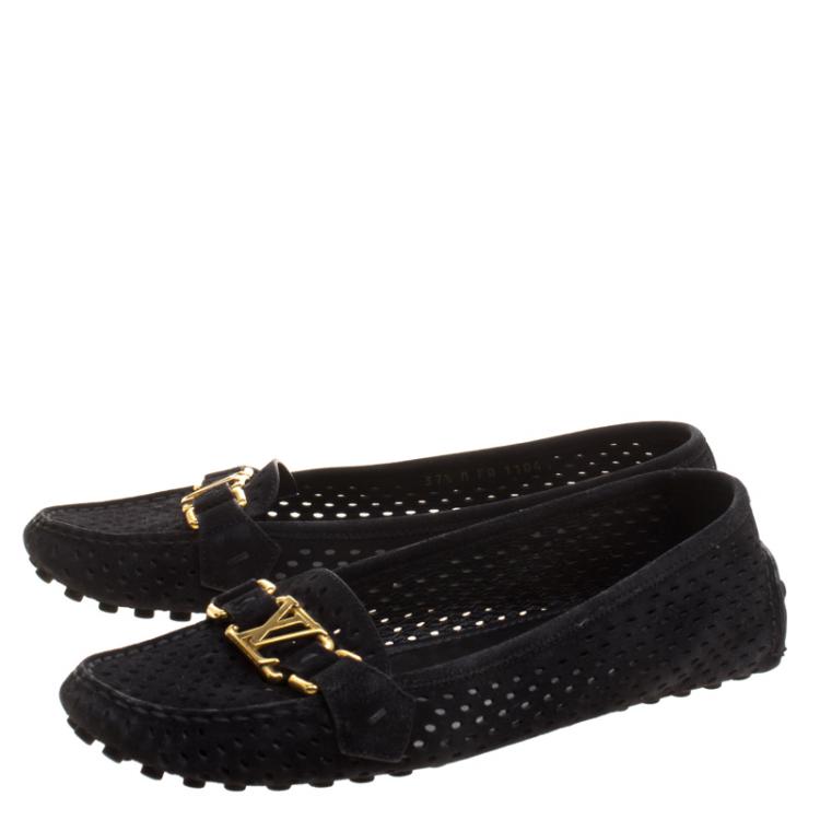 Pre Owned Louis Vuitton Black Perforated Suede Oxford Loafers Size 37.5