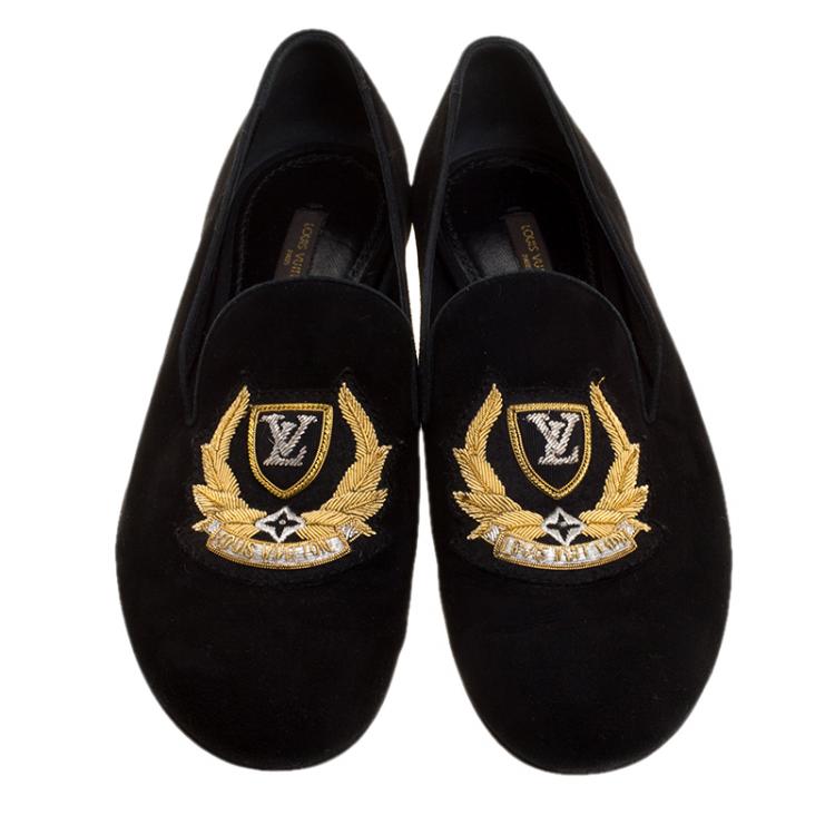 Pre Owned Louis Vuitton Black Embroidered Suede Smoking Slippers Size 38.5