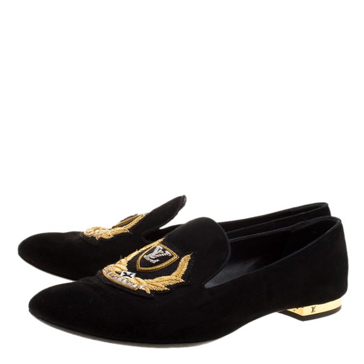 Pre Owned Louis Vuitton Black Embroidered Suede Smoking Slippers Size 38.5