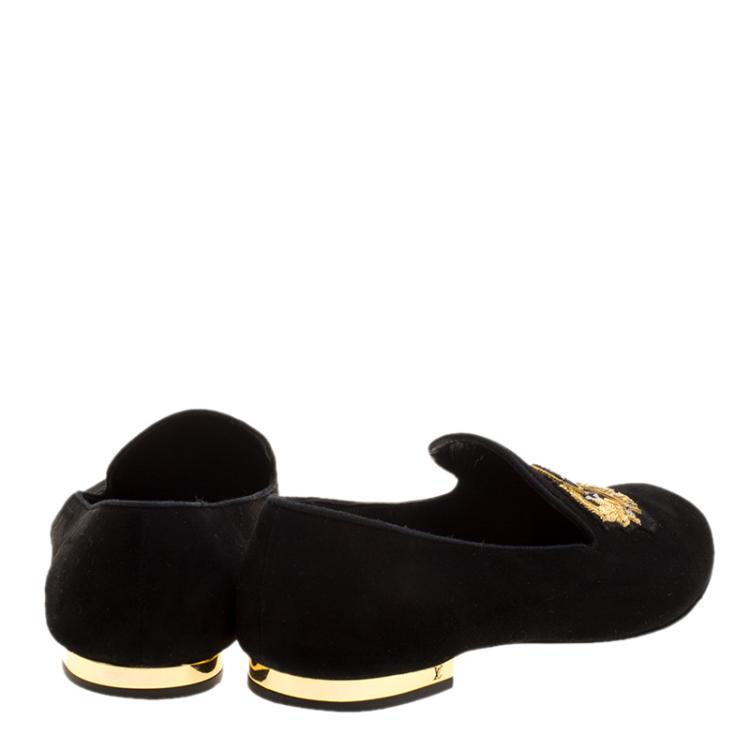 Pre Owned Louis Vuitton Black Embroidered Suede Smoking Slippers Size 38.5