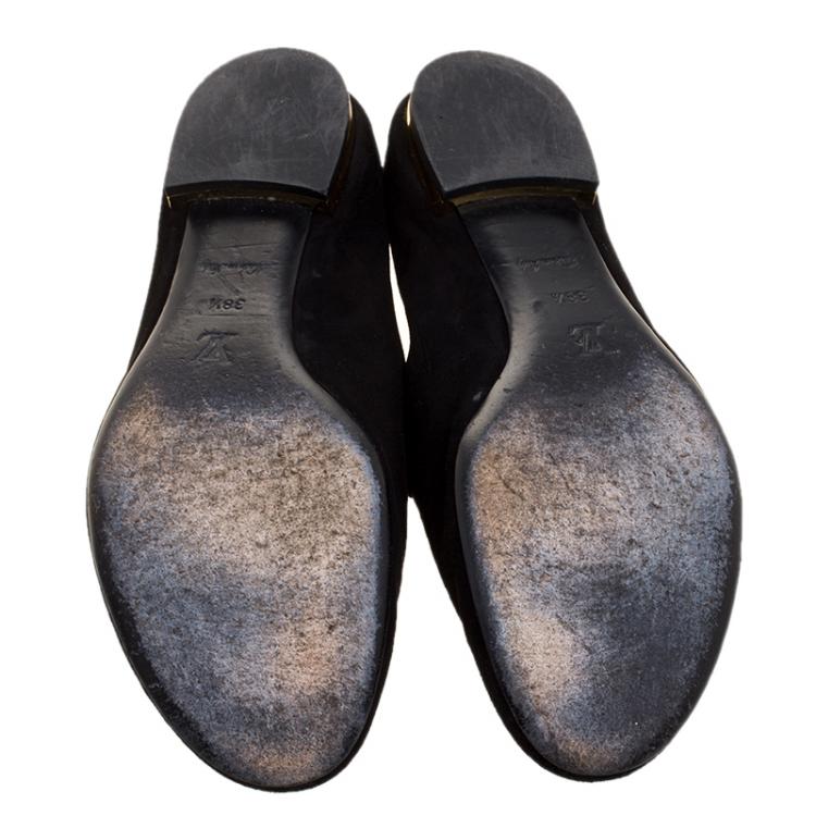 Pre Owned Louis Vuitton Black Embroidered Suede Smoking Slippers Size 38.5