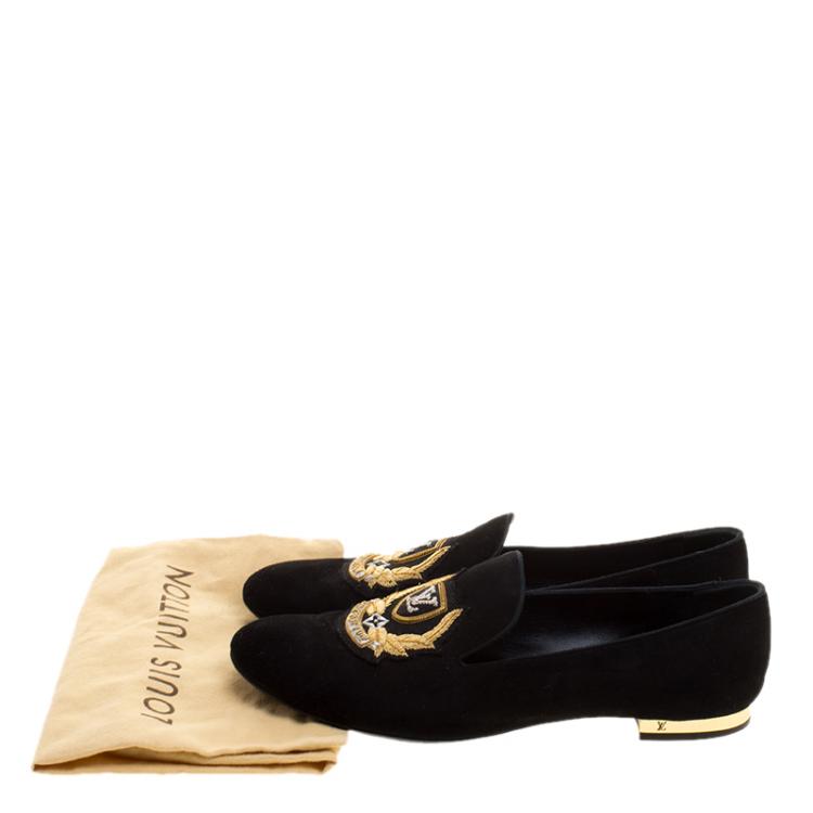 Pre Owned Louis Vuitton Black Embroidered Suede Smoking Slippers Size 38.5