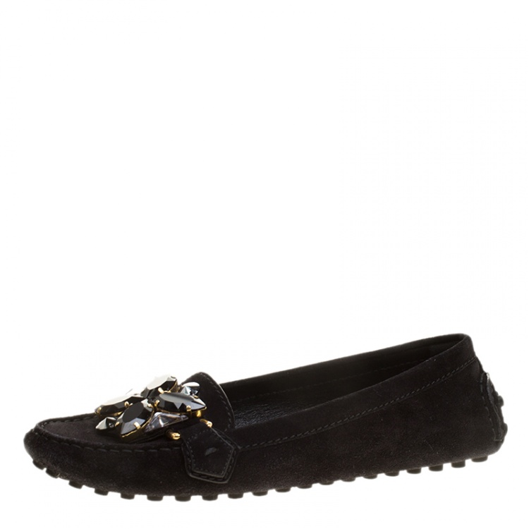 Pre Owned Louis Vuitton Black Crystal Embellished Suede Silver Night Loafers Size 39